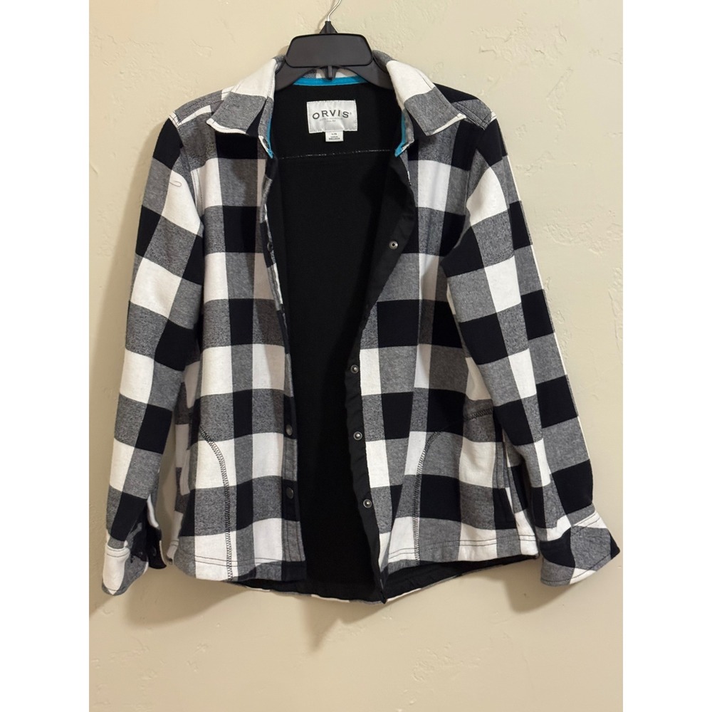 Orvis shirt jacket L buffalo check black white gray snap fleece lined pocket